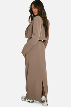 Best boohoo Oversized Cropped Boxy Tailored Blazer, Longline Waistcoat & Maxi Skirt Co-ord mocha