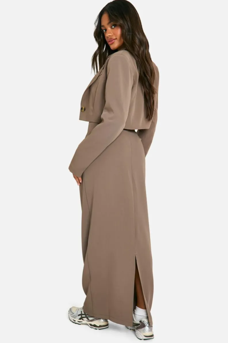 Best boohoo Oversized Cropped Boxy Tailored Blazer, Longline Waistcoat & Maxi Skirt Co-ord mocha