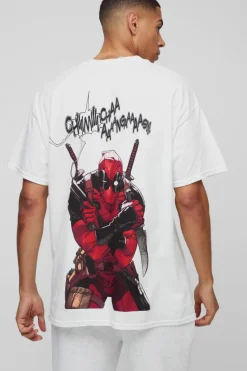 Shop boohooMAN Oversized Deadpool License Print T-Shirt white
