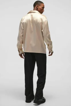 Hot boohooMAN Oversized Deep V Satin Shirt taupe