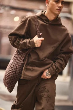 Hot boohooMAN Oversized Denim Applique Cross Dirty Wash Hoodie brown