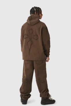 Hot boohooMAN Oversized Denim Applique Cross Dirty Wash Hoodie brown