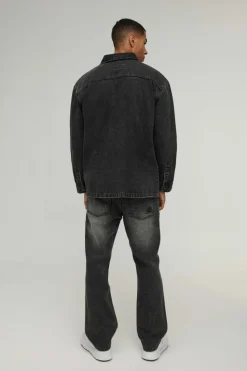 Cheap boohooMAN Oversized Denim Back Embroidered Shirt charcoal