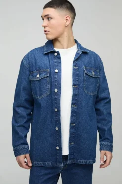 Cheap boohooMAN Oversized Denim Back Embroidered Shirt mid blue