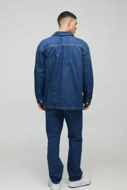Cheap boohooMAN Oversized Denim Back Embroidered Shirt mid blue
