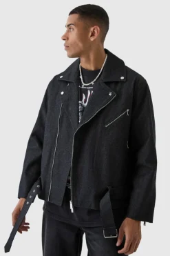 Discount boohooMAN Oversized Denim Biker Jacket washed black