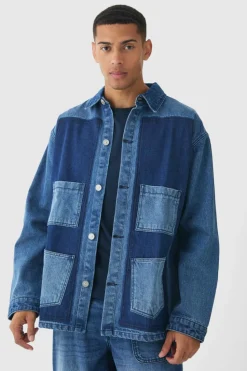Online boohooMAN Oversized Denim Carpenter Dyed Overshirt mid blue