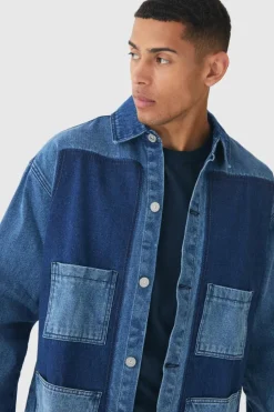 Online boohooMAN Oversized Denim Carpenter Dyed Overshirt mid blue