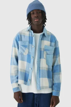 Hot boohooMAN Oversized Denim Checked Quilted Overshirt light blue