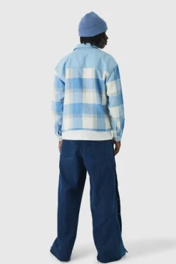 Hot boohooMAN Oversized Denim Checked Quilted Overshirt light blue