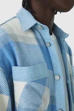 Hot boohooMAN Oversized Denim Checked Quilted Overshirt light blue