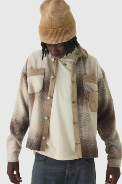 Outlet boohooMAN Oversized Denim Checked Quilted Overshirt sand