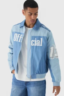 Discount boohooMAN Oversized Denim Moto Official Bomber Jacket light blue
