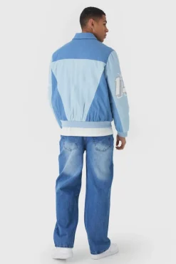 Discount boohooMAN Oversized Denim Moto Official Bomber Jacket light blue