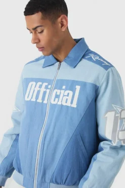 Discount boohooMAN Oversized Denim Moto Official Bomber Jacket light blue
