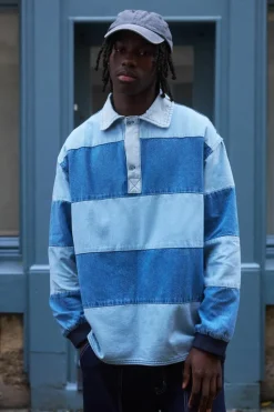 Store boohooMAN Oversized Denim Rugby Shirt light blue