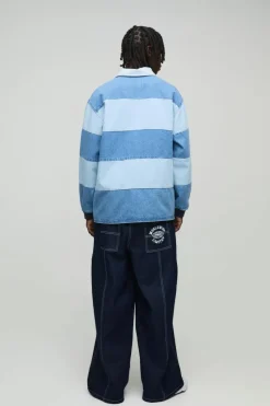 Store boohooMAN Oversized Denim Rugby Shirt light blue