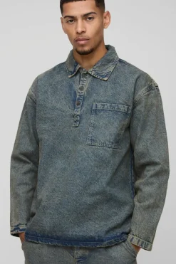 Sale boohooMAN Oversized Denim Rugby Shirt antique wash