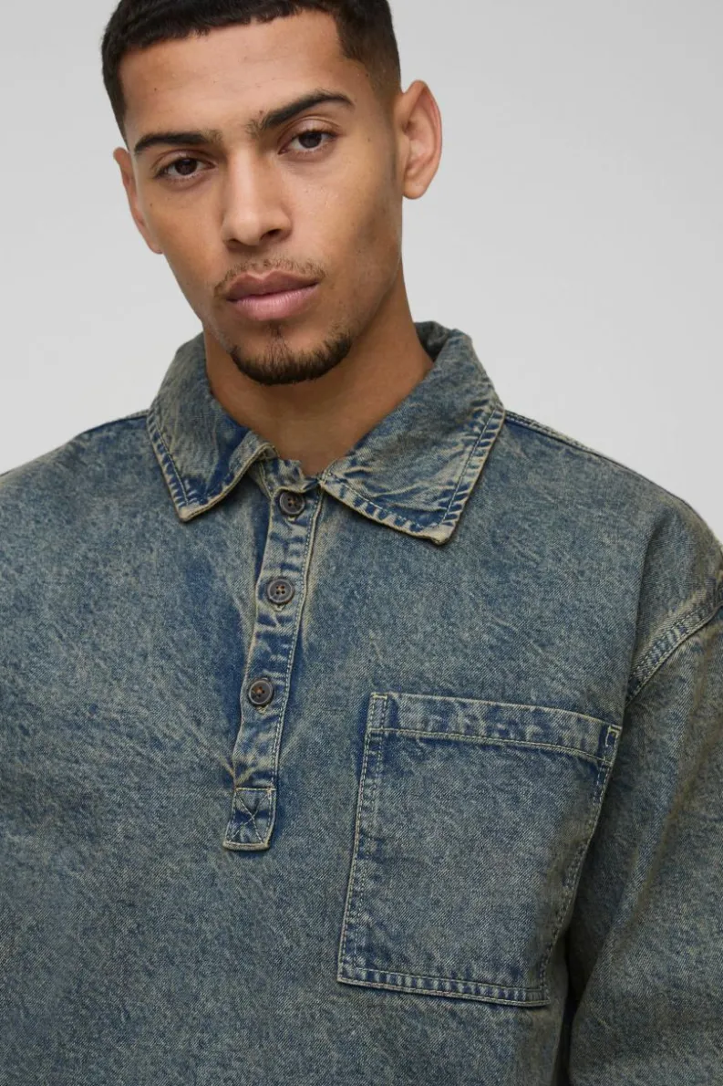 Sale boohooMAN Oversized Denim Rugby Shirt antique wash