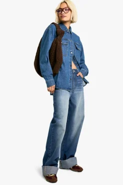 Flash Sale boohoo Oversized Denim Shirt mid wash