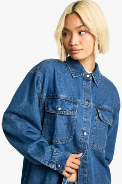Flash Sale boohoo Oversized Denim Shirt mid wash