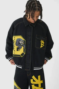 Clearance boohooMAN Oversized Denim Varsity Applique Bomber Jacket true black