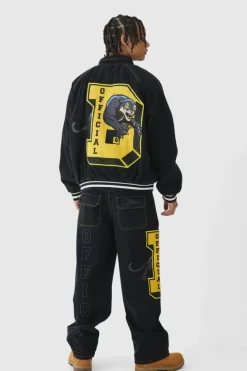 Clearance boohooMAN Oversized Denim Varsity Applique Bomber Jacket true black