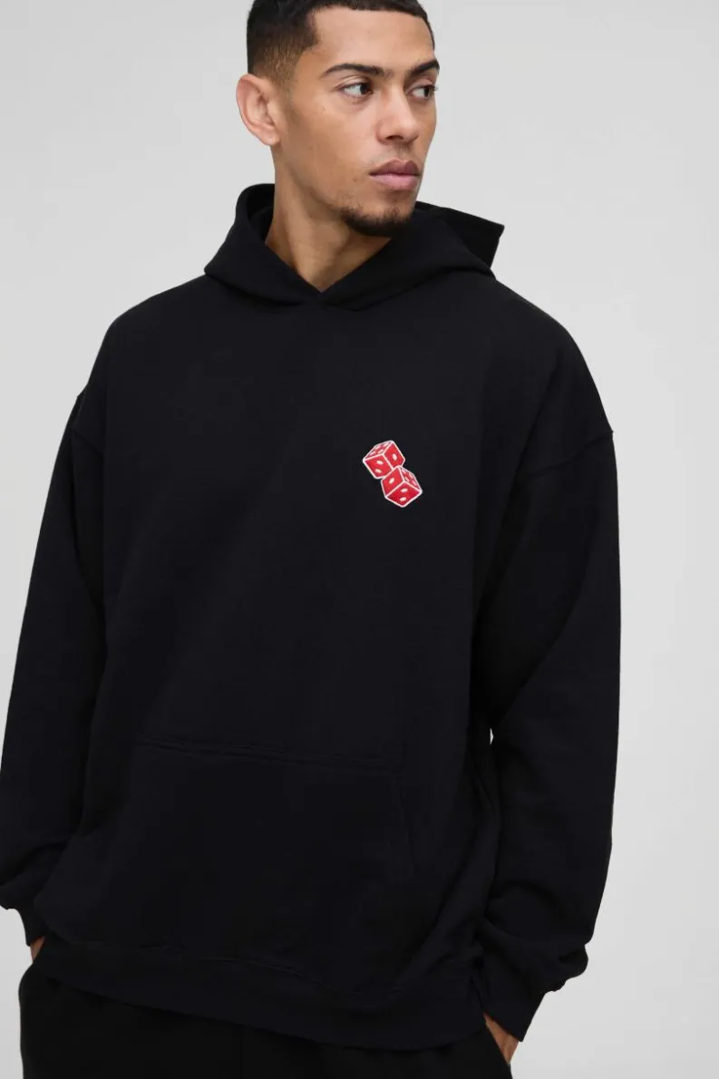 Flash Sale boohooMAN Oversized Dice Embroidered Hoodie black