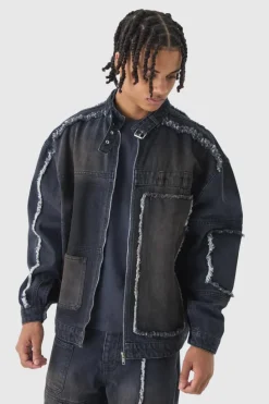 Cheap boohooMAN Oversized Dirty Wash Carpenter Denim Biker Jacket washed black