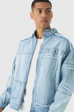 Online boohooMAN Oversized Dirty Wash Carpenter Denim Biker Jacket light blue