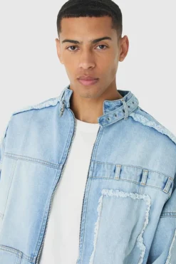 Online boohooMAN Oversized Dirty Wash Carpenter Denim Biker Jacket light blue