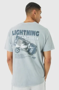 New boohooMAN Oversized Disney Cars Wash License Print T-Shirt light grey