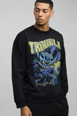 Sale boohooMAN Oversized Disney Lilo and Stitch License Print Sweatshirt black