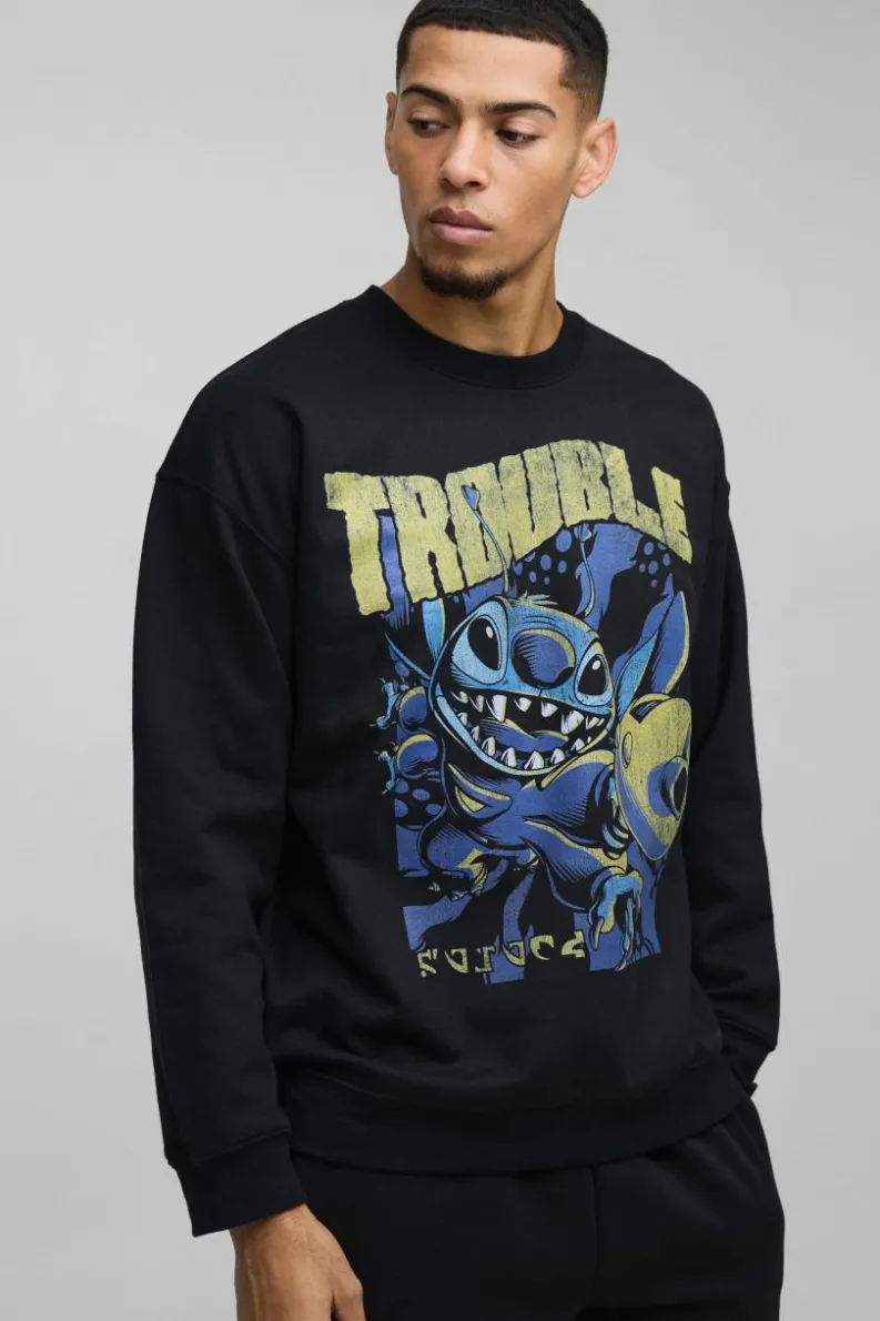 Sale boohooMAN Oversized Disney Lilo and Stitch License Print Sweatshirt black