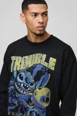 Sale boohooMAN Oversized Disney Lilo and Stitch License Print Sweatshirt black