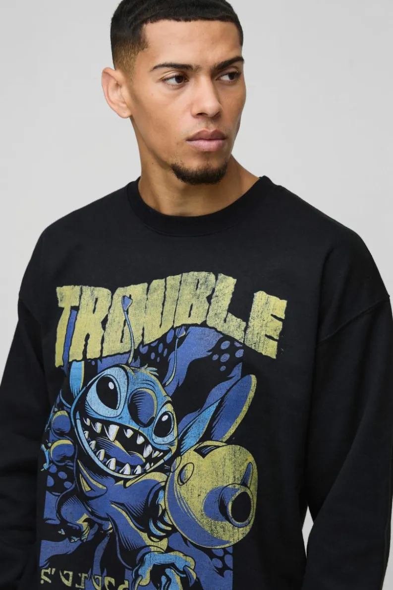 Sale boohooMAN Oversized Disney Lilo and Stitch License Print Sweatshirt black