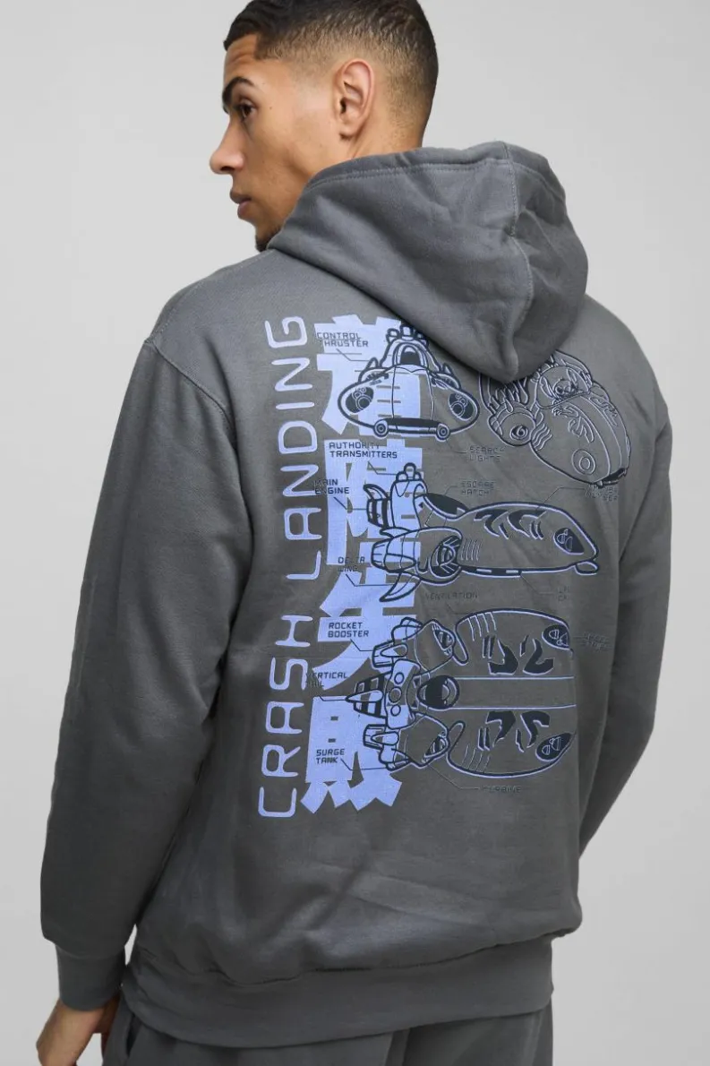 Shop boohooMAN Oversized Disney Lilo and Stitch License Print Hoodie charcoal