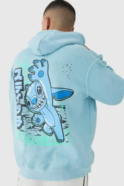 Online boohooMAN Oversized Disney Lilo and Stitch Wash License Hoodie blue