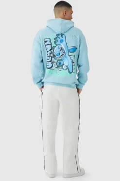 Online boohooMAN Oversized Disney Lilo and Stitch Wash License Hoodie blue