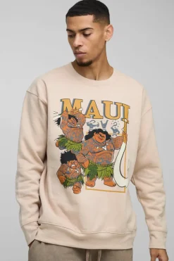 Fashion boohooMAN Oversized Disney Maui License Print Sweatshirt sand