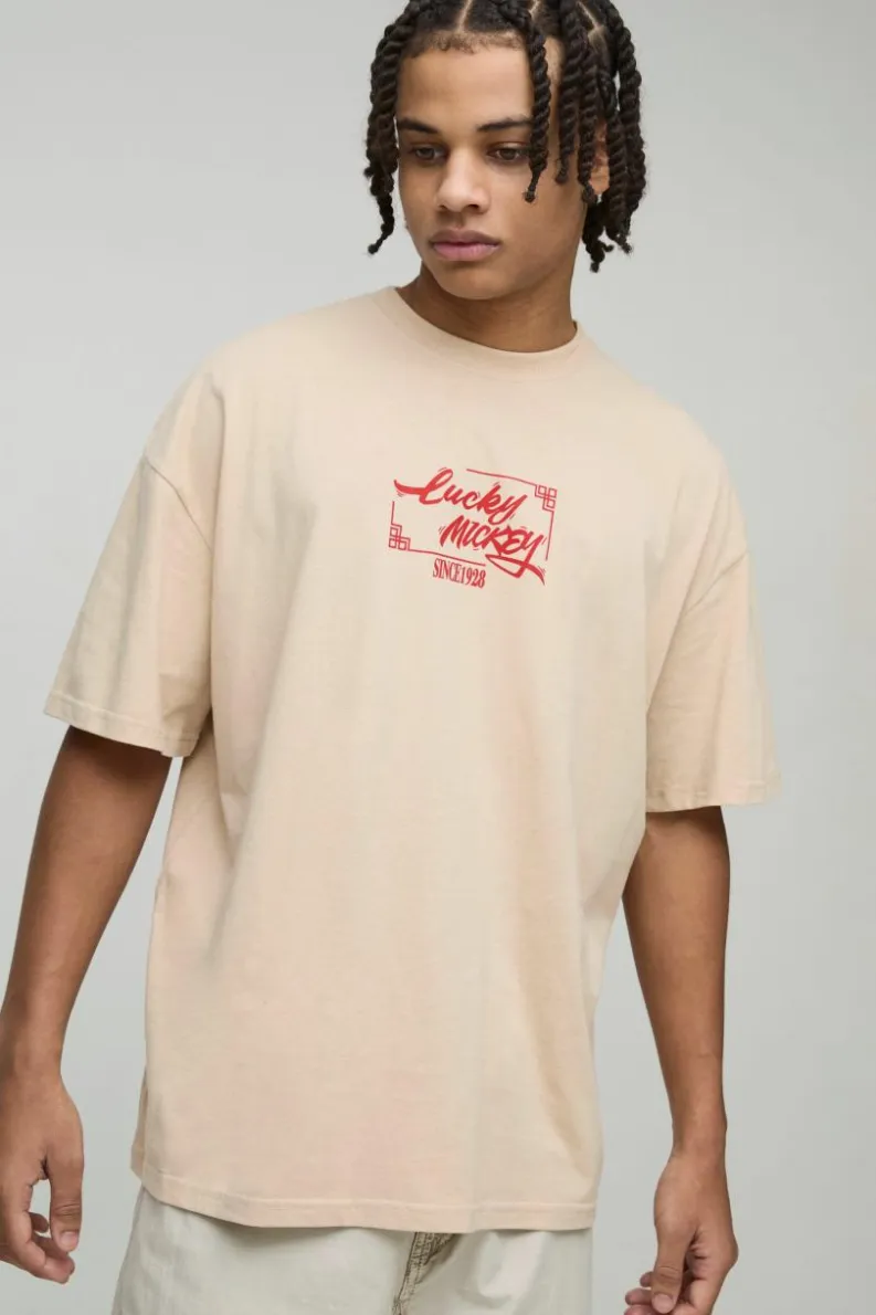 Discount boohooMAN Oversized Disney Mickey Mouse Anime License T-Shirt sand