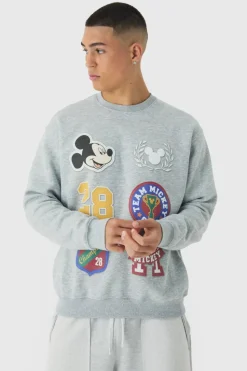 Best boohooMAN Oversized Disney Mickey Mouse Varsity License Print Sweatshirt grey marl