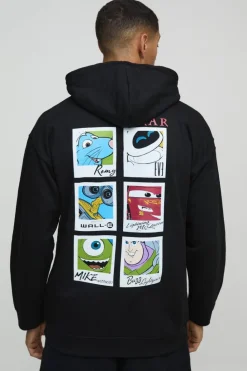 Hot boohooMAN Oversized Disney Pixar Multi Character License Print Hoodie black