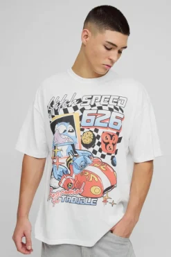 Hot boohooMAN Oversized Disney Stitch Varsity License Print T-Shirt white