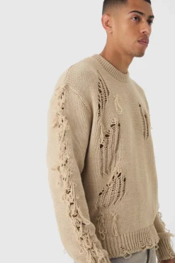 Cheap boohooMAN Oversized Distressed Sleeve Knitted Jumper stone