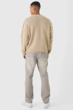 Cheap boohooMAN Oversized Distressed Sleeve Knitted Jumper stone