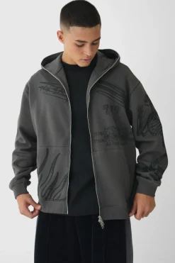 Sale boohooMAN Oversized Doodle Zip Through Hoodie charcoal