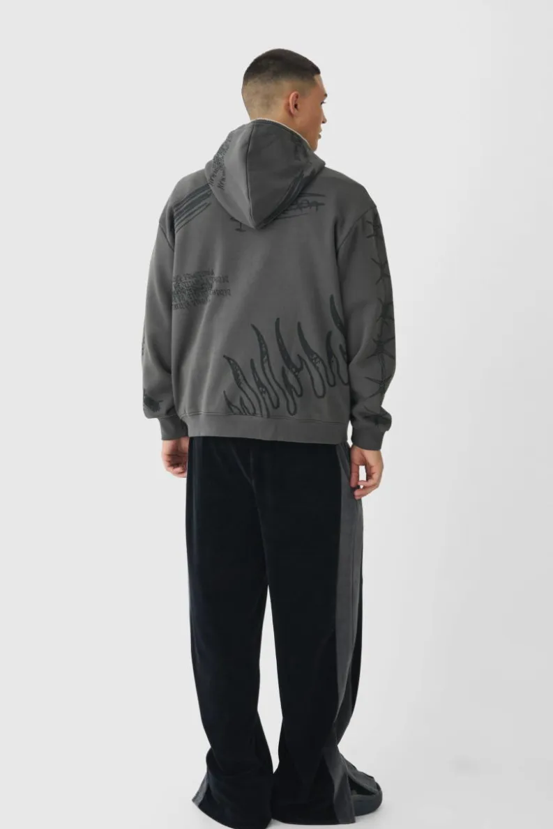 Sale boohooMAN Oversized Doodle Zip Through Hoodie charcoal