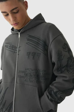 Sale boohooMAN Oversized Doodle Zip Through Hoodie charcoal
