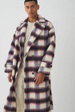 Outlet boohooMAN Oversized Double Breasted Brushed Check Overcoat In burgundy